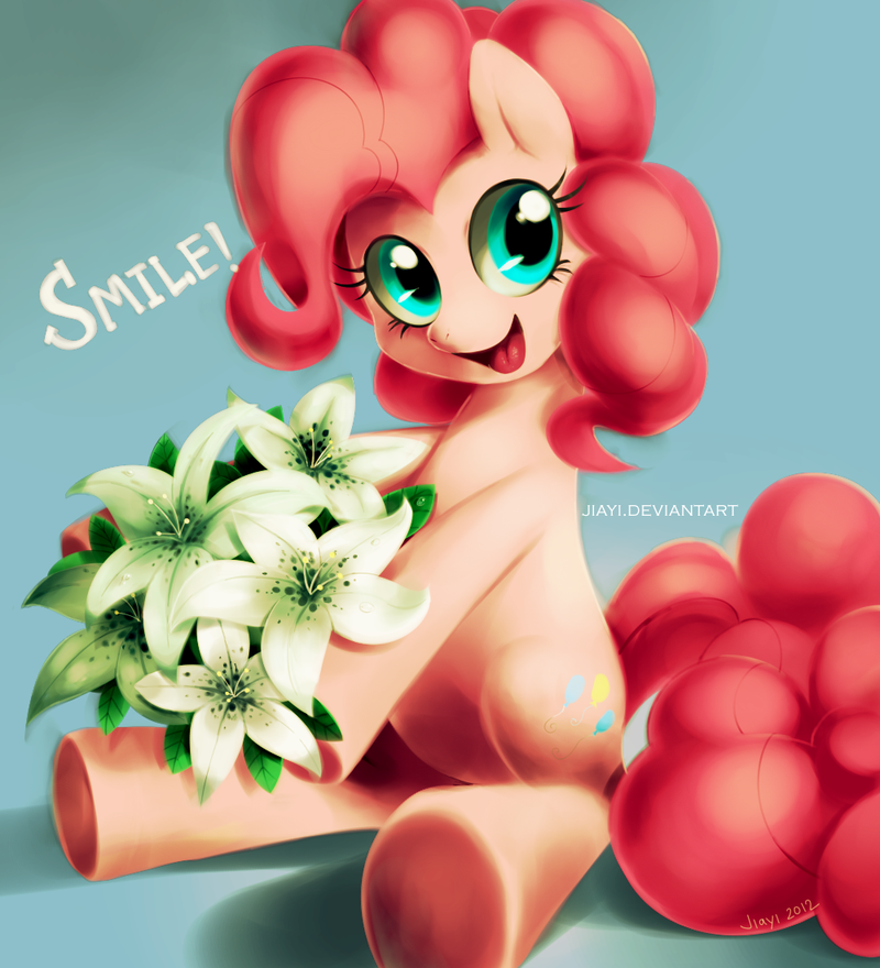 2012 cute cutie_mark cyan_eyes english_text equine female feral flower friendship_is_magic fur hair horse jiayi looking_at_viewer mammal my_little_pony open_mouth pink_fur pink_hair pinkie_pie_(mlp) plain_background pony sitting smile solo text