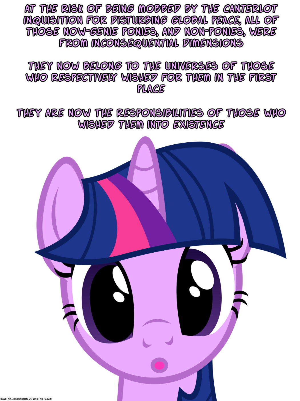 english_text equine female friendship_is_magic genie hair horn looking_at_viewer mammal multi-colored_hair my_little_pony navitaserussirus plain_background purple_eyes solo text twilight_sparkle_(mlp) unicorn white_background