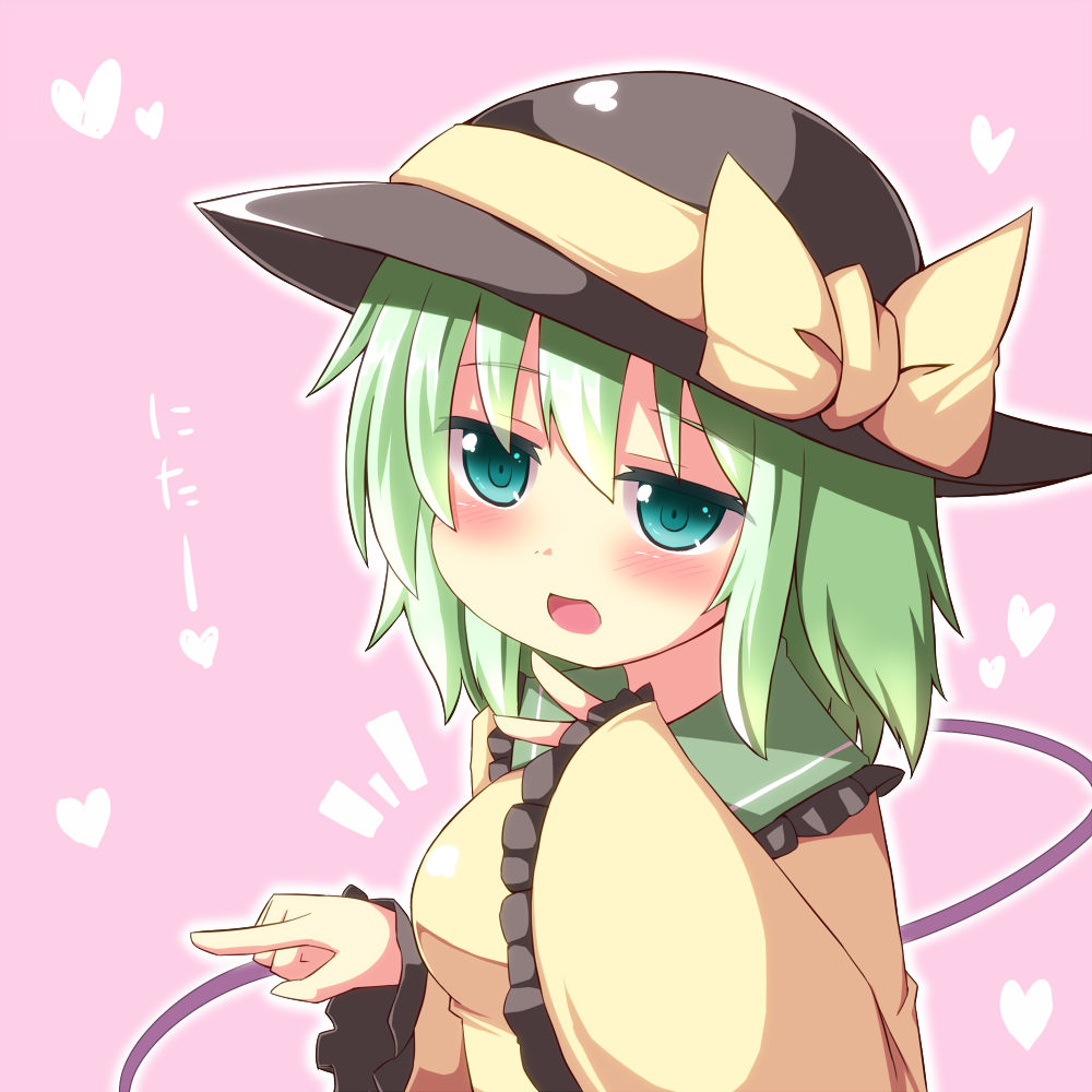 aqua_eyes blush breasts commentary green_hair hat hat_ribbon heart komeiji_koishi large_breasts long_sleeves looking_at_viewer ominaeshi_(takenoko) open_mouth pink_background ribbon shirt solo touhou upper_body wide_sleeves