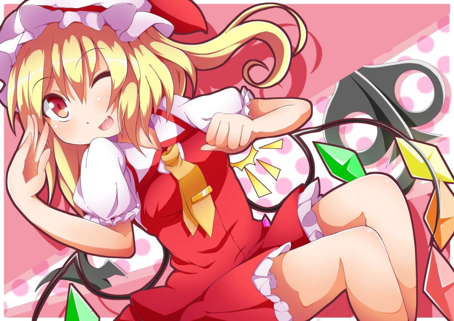 ascot blonde_hair dress fang flandre_scarlet hat hat_ribbon kan_lee laevatein one_eye_closed open_mouth pink_eyes puffy_sleeves red_dress ribbon shirt short_sleeves side_ponytail smile solo touhou wings
