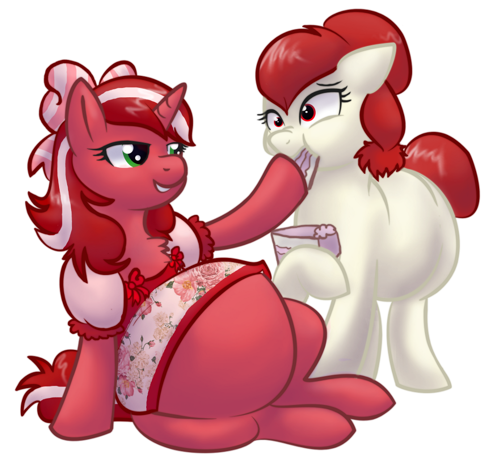 defenceless duo equine female feral food friendship_is_magic fur green_eyes hair horn horse mammal my_little_pony overweight pony red_eyes red_fur red_hair unicorn white_fur