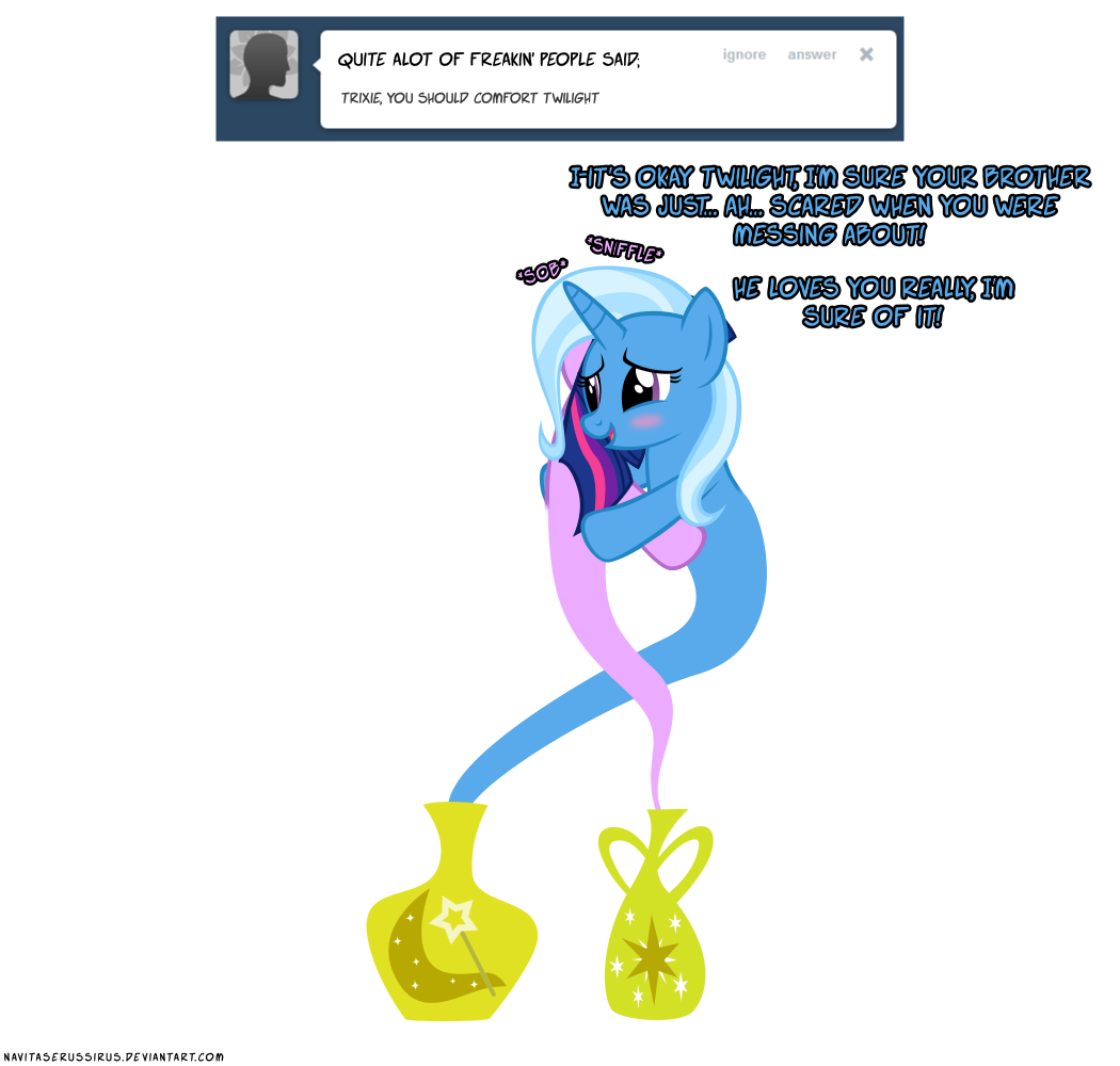 alpha_channel blush bottle crying duo english_text equine female friendship_is_magic genie hair horn horse hug mammal multi-colored_hair my_little_pony navitaserussirus plain_background pony sad text transformation transparent_background trixie_(mlp) tumblr twilight_sparkle_(mlp) unicorn