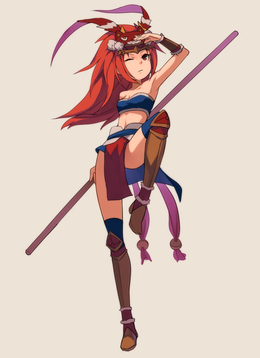 fkey highres long_hair midriff one_eye_closed original red_eyes red_hair shading_eyes solo staff standing standing_on_one_leg strapless tubetop