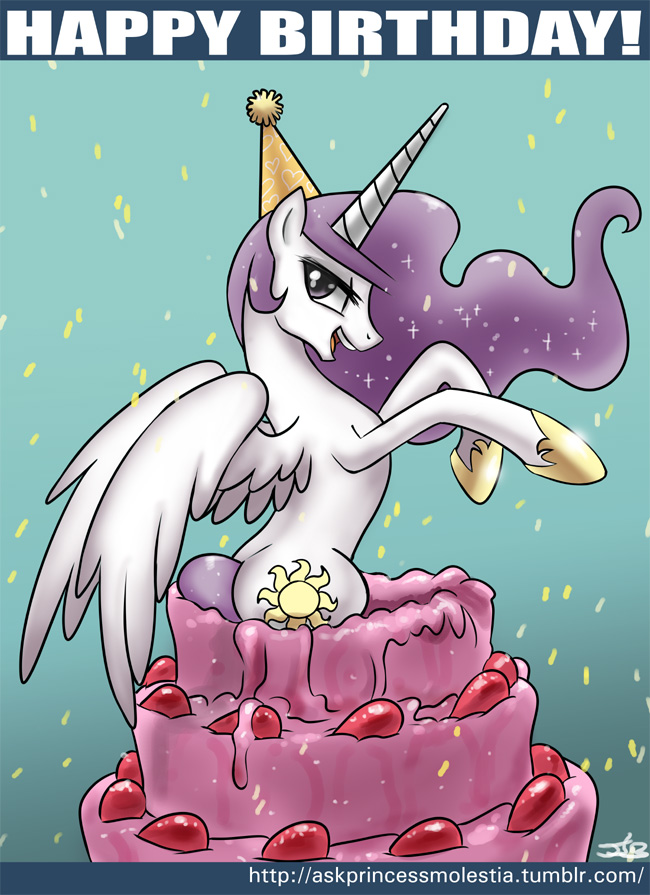 cake cutie_mark english_text equine female feral food friendship_is_magic hair hat horn horse john_joseco long_hair mammal my_little_pony pink_eyes pink_hair pony princess princess_celestia_(mlp) princess_molestia_(mlp) royalty smile text winged_unicorn wings