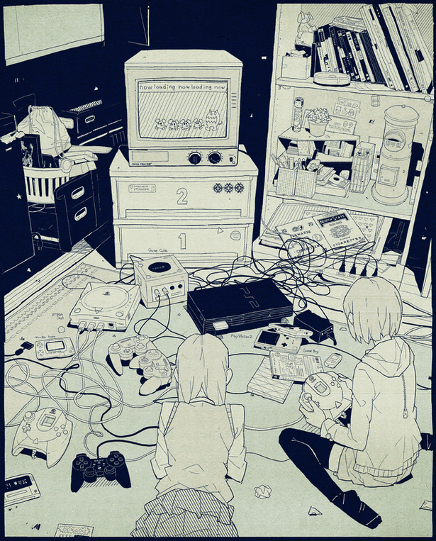 black_border book bookshelf border cable chu_chu_rocket controller crt crumpled_paper drawstring_bag facing_away from_behind game_boy game_console game_controller gamecube handheld_game_console hood hood_down hoodie indoors japanese_cylindrical_postbox laundry_basket long_hair long_sleeves lying monochrome multiple_girls nihohe no_shoes on_floor on_stomach original otaku_room playing_games playstation_2 postbox_(outgoing_mail) power_strip school_uniform sega_dreamcast short_hair sitting skirt sweater_vest television thighhighs video_game vmu wariza wonderswan