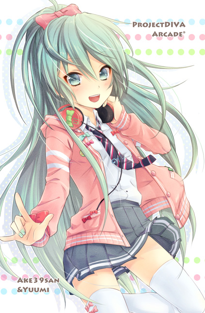 39 green_eyes green_hair hatsune_miku headphones headphones_around_neck long_hair natsumi_yuu necktie open_mouth ponytail project_diva_(series) project_diva_f ribbon_girl_(module) skirt solo thighhighs very_long_hair vocaloid