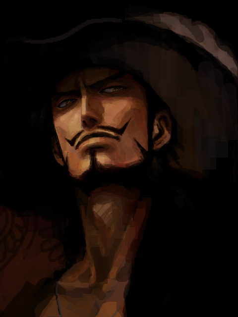 1boy artist_request black_hair chinstrap dark dark_background dracule_mihawk facial_hair frown hat hat_feather jewelry male male_focus matsubaki mustache necklace one_piece open_clothes open_shirt pirate popped_collar shichibukai shirt solo yellow_eyes