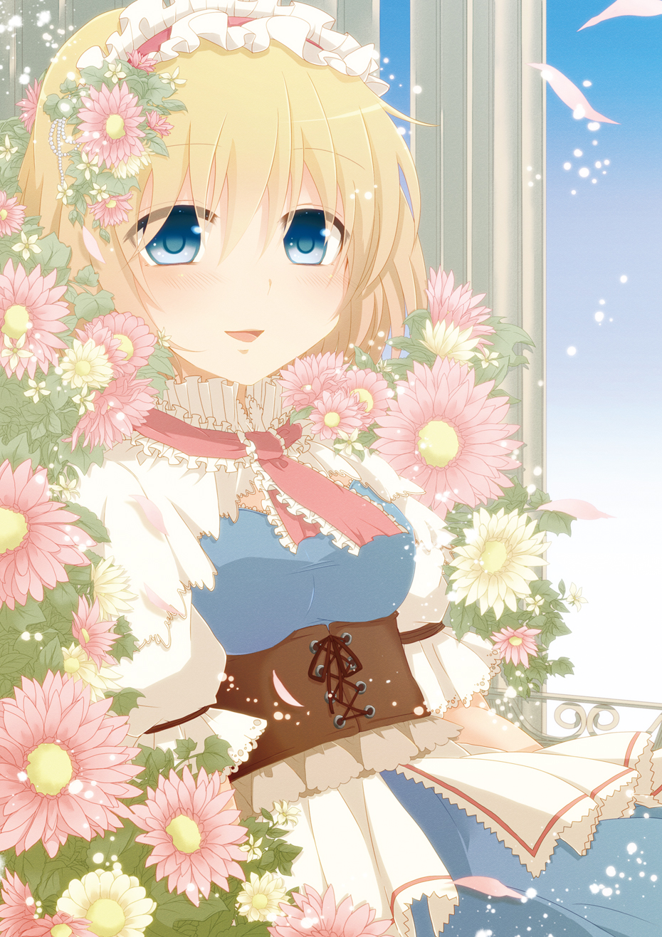alice_margatroid aoi_(annbi) arm_garter blonde_hair blue_eyes blush capelet corset flower frills hair_flower hair_ornament hairband highres leaf open_mouth pale_color pearl petals puffy_short_sleeves puffy_sleeves short_hair short_sleeves smile solo touhou