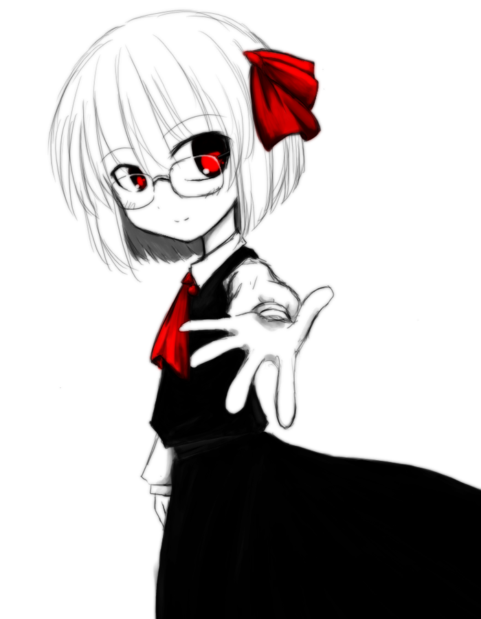 ascot bespectacled dress glasses iruru5666 monochrome outstretched_arm outstretched_hand red_eyes ribbon rumia sketch solo spot_color touhou white_background