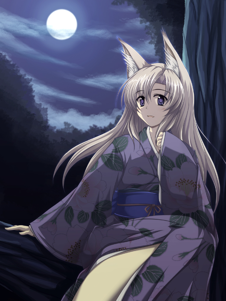 animal_ears bad_id bad_pixiv_id copyright_request fox_ears full_moon japanese_clothes kimono long_hair moon night outdoors shira-nyoro sitting solo