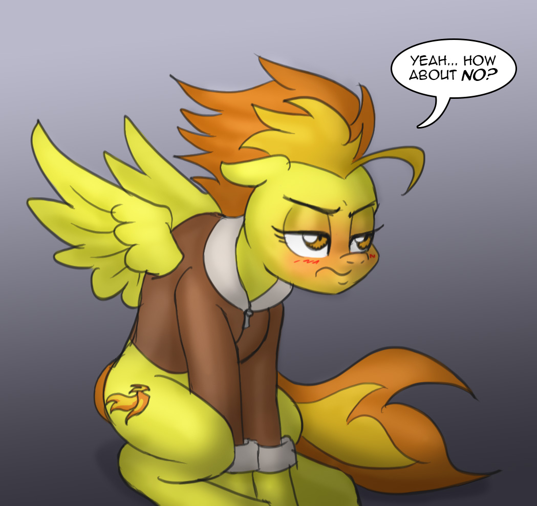 amber_eyes blush clothing english_text equine female feral friendship_is_magic hair horse mammal my_little_pony pegasus pluckyninja pony solo spitfire_(mlp) text timber_(artist) two_tone_hair wings wonderbolts_(mlp)