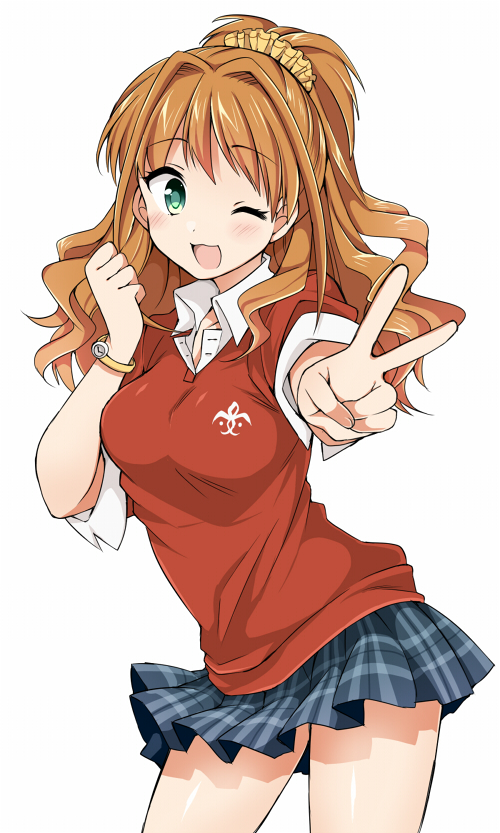 ;3 ;d brown_hair green_eyes hino_akane_(idolmaster) idolmaster idolmaster_cinderella_girls long_hair one_eye_closed open_mouth plaid plaid_skirt pleated_skirt polo_shirt ponytail school_uniform scrunchie simple_background skirt sleeves_folded_up smile solo tsukudani_norio v watch white_background wristwatch