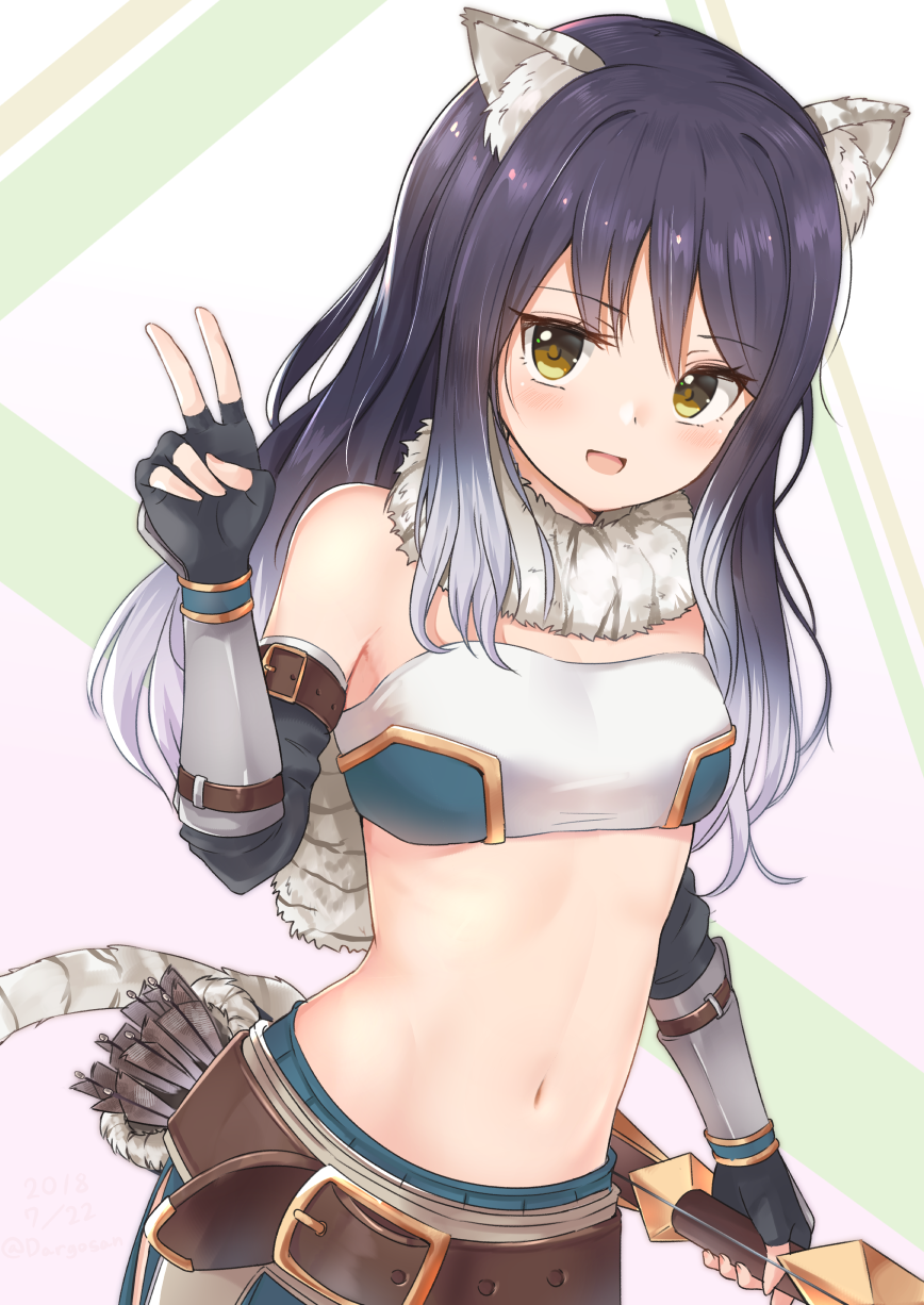 :d animal_ear_fluff animal_ears arrow bangs bare_shoulders belt black_gloves black_hair blue_skirt blush bow_(weapon) breasts cowboy_shot crop_top dargo elbow_gloves eyebrows_visible_through_hair fingerless_gloves fur_collar gauntlets gloves gradient_hair hand_up highres holding holding_bow_(weapon) holding_weapon kashiwazaki_shiori long_hair looking_at_viewer midriff multicolored_hair navel open_mouth pleated_skirt princess_connect! princess_connect!_re:dive quiver side_slit skirt small_breasts smile solo stomach tail v weapon white_hair yellow_eyes