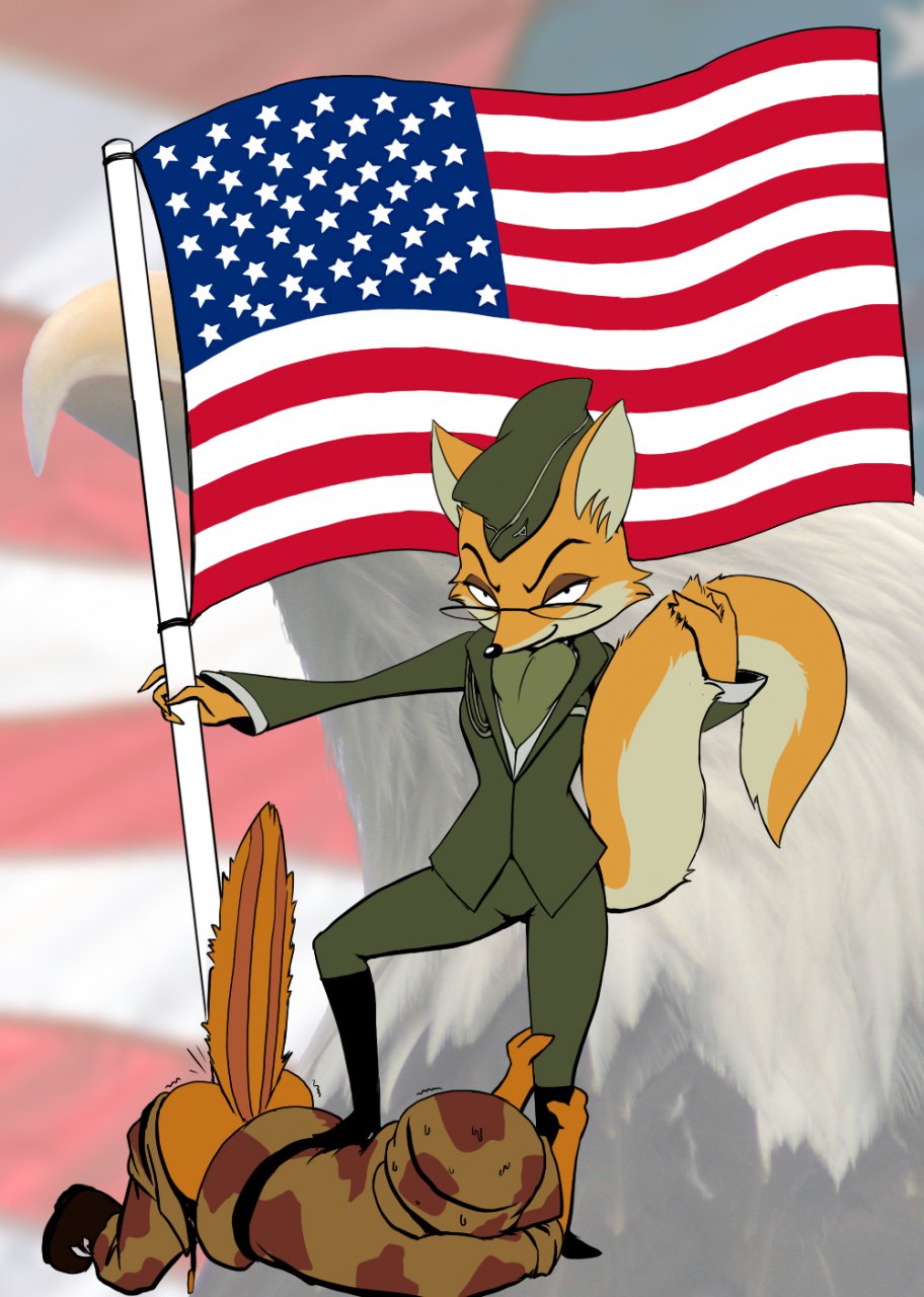 american_flag anal anal_penetration avian bird black_nose boots brown_fur camo canine chipmunk domination eagle eyewear female female_domination flag flagpole fluffy_tail fox fur geumsaegi glasses hat helmet holding_tail humor looking_at_viewer lt._fox_vixen lt._vixen male mammal military_uniform penetration queblock rodent squirrel squirrel_and_hedgehog tail_grab tail_hug uniform