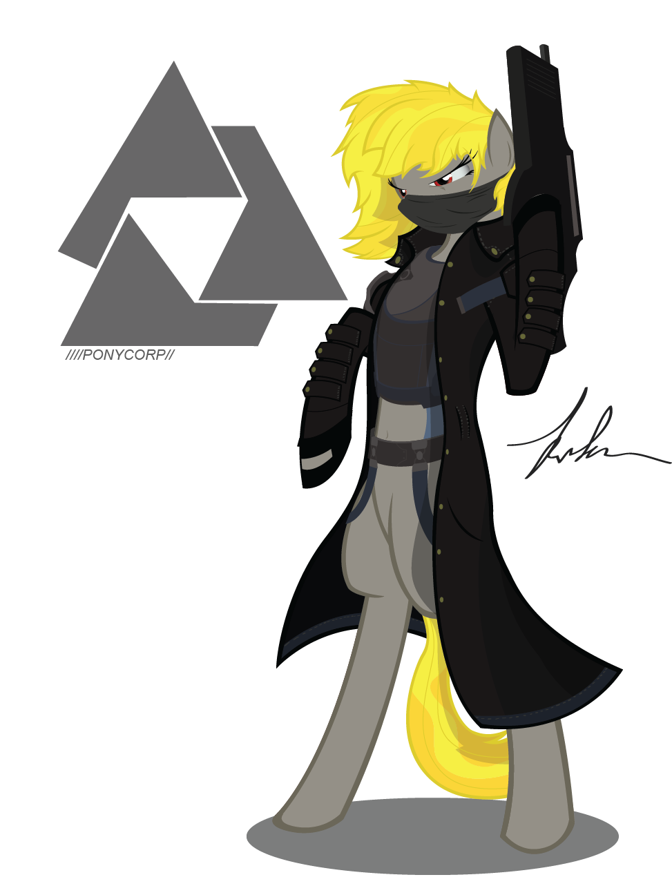 blonde_hair clothing crossover equine face_mask female friendship_is_magic fur grey_fur gun hair horse mammal my_little_pony plain_background pony ranged_weapon red_eyes solo syndicate syndicate_(series) transparent_background trench_coat trenchcoat video_games weapon