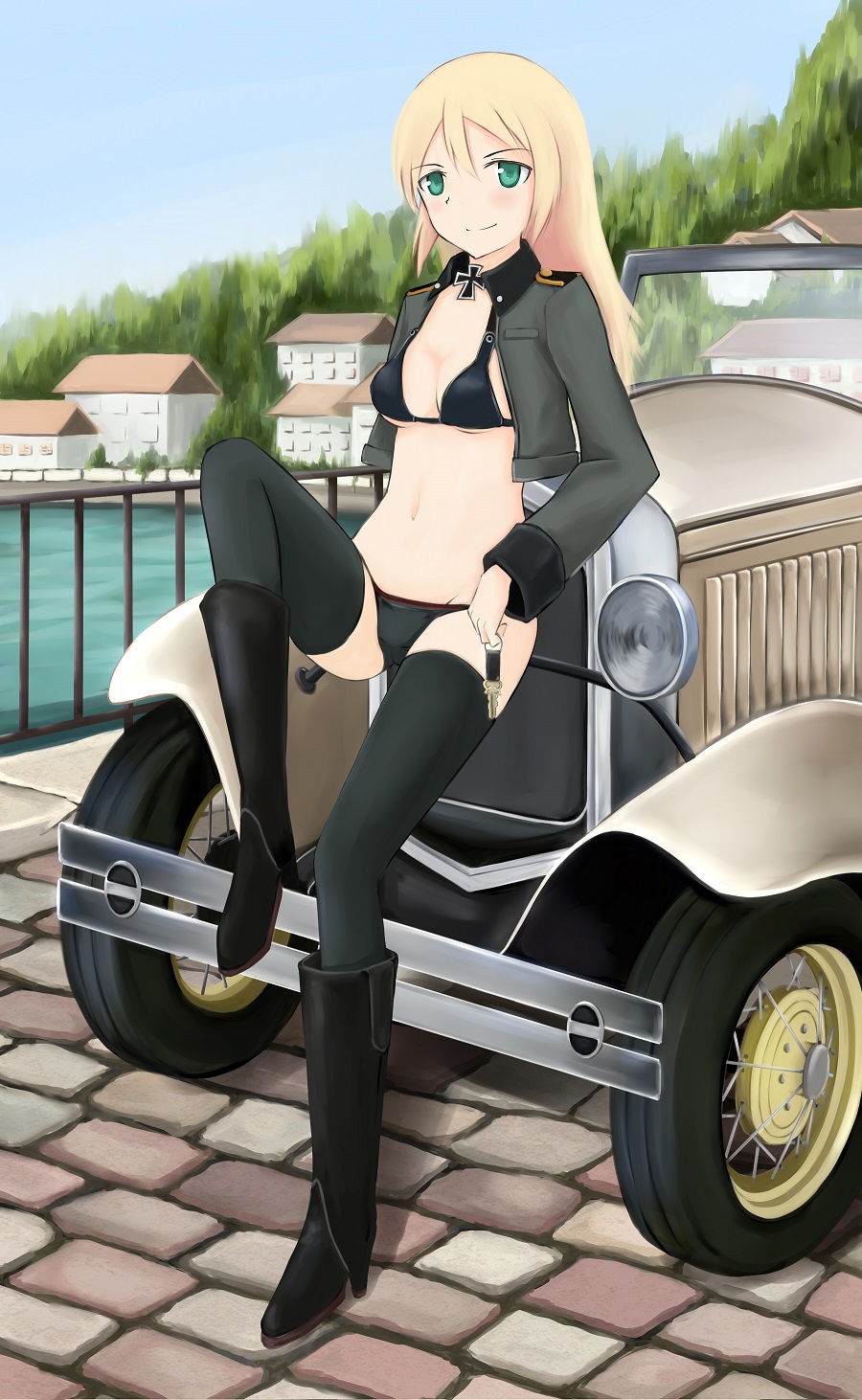 bikini black_legwear blonde_hair boots car cross green_eyes ground_vehicle hat heinrike_prinzessin_zu_sayn-wittgenstein highres iron_cross jacket key knee_boots long_hair motor_vehicle navel noble_witches rasielcochma solo swimsuit thighhighs water world_witches_series