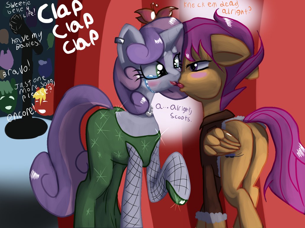 clexyoshi crowd crying cutie_mark cutie_mark_crusaders_(mlp) dialog dress duo english_text equine female feral friendship_is_magic fur hair horn horse kissing leather_jacket lesbian mammal my_little_pony orange_fur pegasus pony purple_hair scootaloo_(mlp) sweetie_belle_(mlp) tears text two_tone_hair unicorn white_fur wings