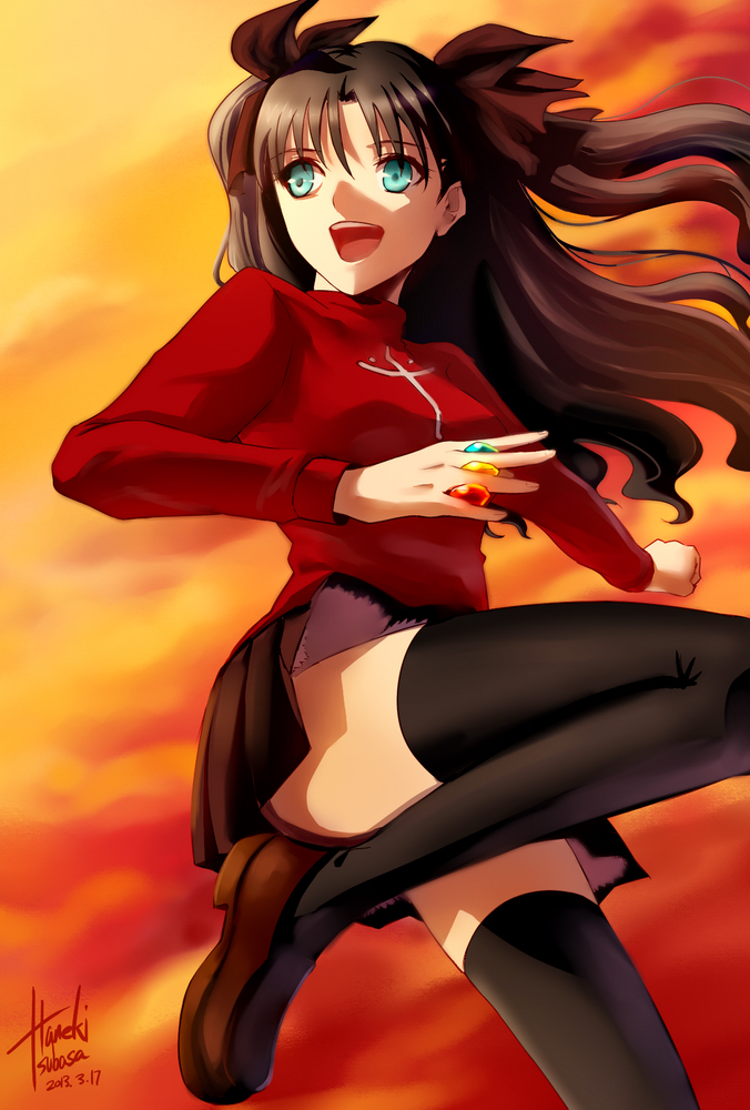 between_fingers black_hair black_legwear blue_eyes cloud fate/stay_night fate_(series) gem hair_ribbon haneki leg_up legs long_hair long_legs ribbon signature sky solo sunset thighhighs thighs toosaka_rin turtleneck two_side_up