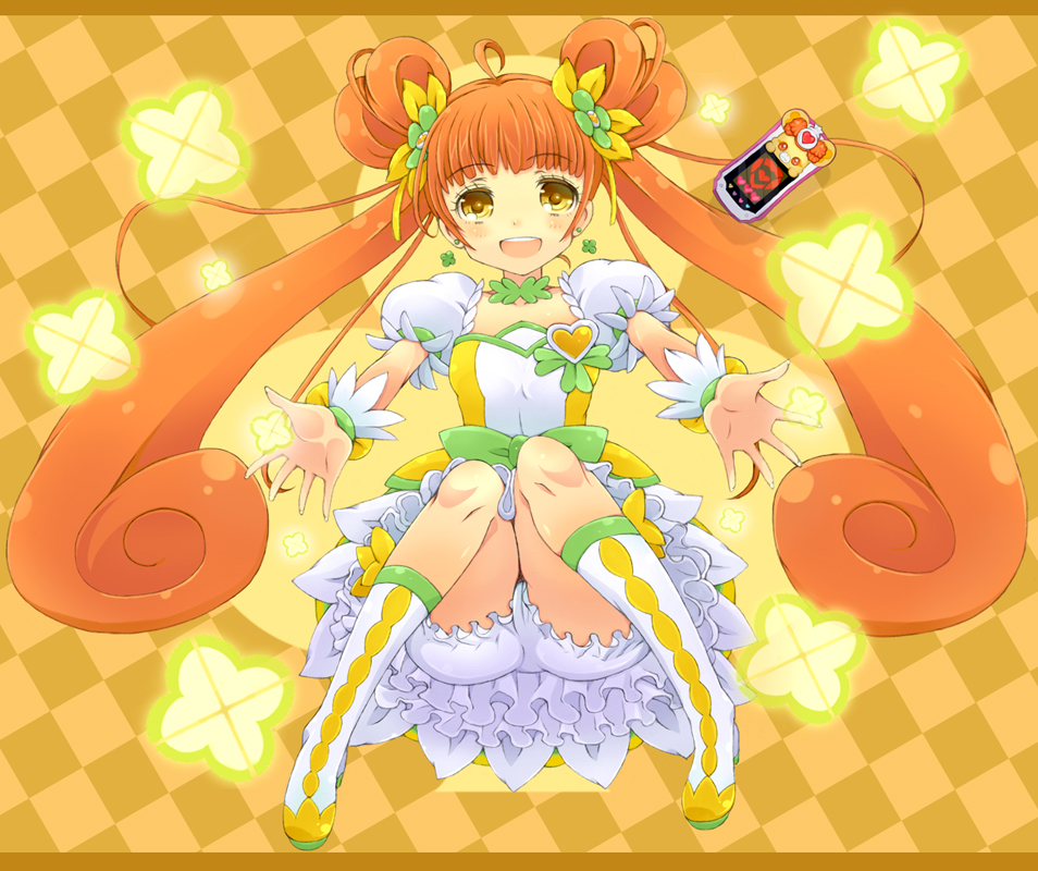 bloomers boots brown_hair checkered checkered_background choker club_(shape) cure_rosetta curly_hair dokidoki!_precure double_bun earrings flower full_body green_choker hair_flower hair_ornament hair_ribbon jewelry kannagi_kaname knee_boots long_hair magical_girl orange_background outstretched_arms precure puffy_sleeves ribbon sitting skirt smile solo spread_arms twintails underwear wrist_cuffs yellow_eyes yotsuba_alice