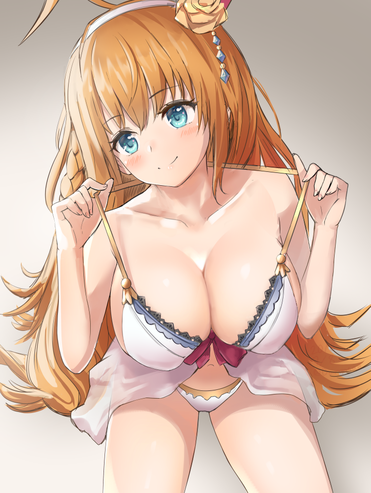 ahoge armpit_crease bangs bare_arms bare_shoulders bikini blue_eyes blush bow breasts cleavage closed_mouth collarbone dargo eyebrows_visible_through_hair flower from_above hair_flower hair_ornament halterneck head_tilt large_breasts long_hair navel orange_hair pecorine princess_connect! princess_connect!_re:dive red_bow sidelocks sitting smile solo swimsuit very_long_hair white_bikini
