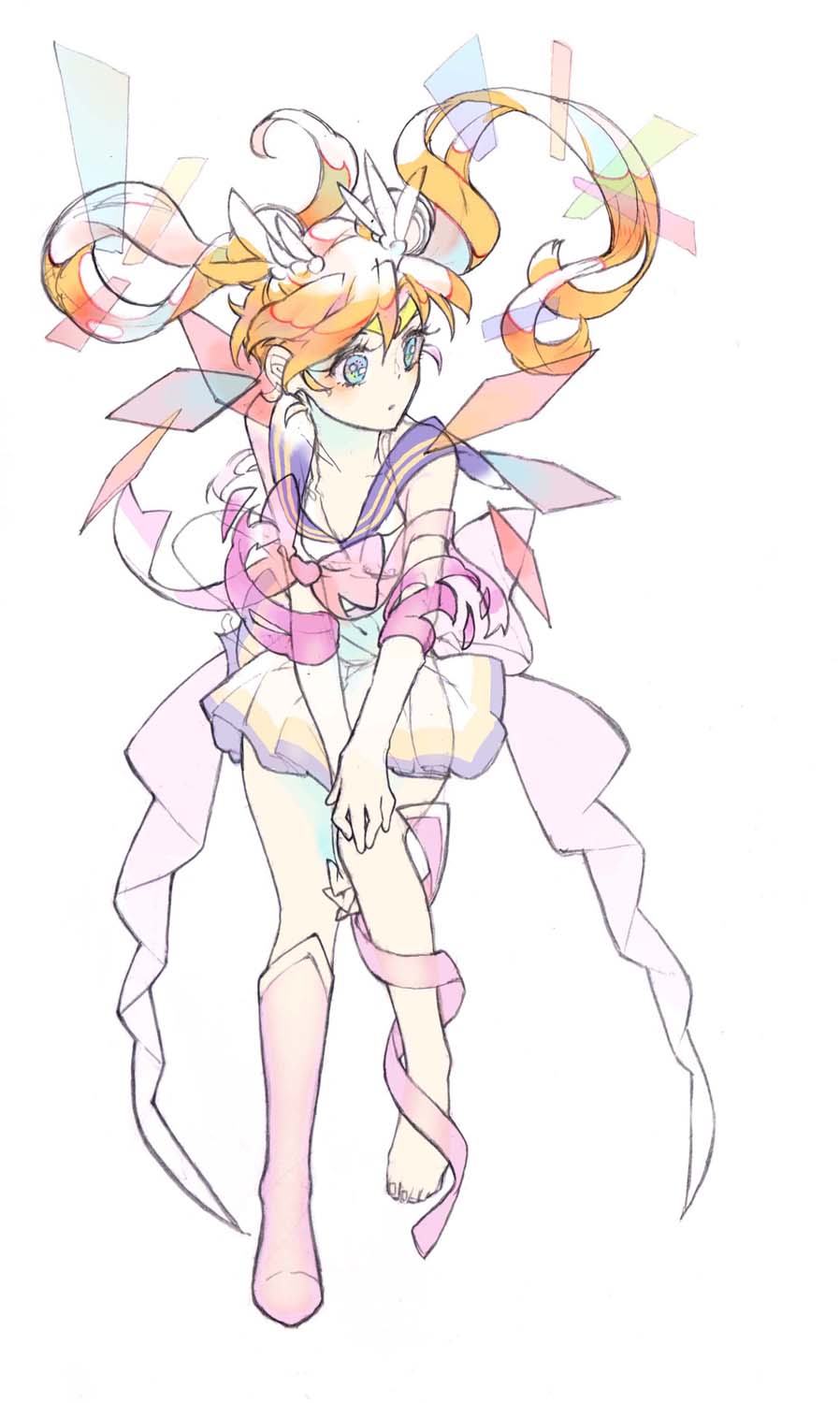 back_bow barefoot bishoujo_senshi_sailor_moon blonde_hair blue_eyes blue_sailor_collar boots bow cotton_(lapin) floating_hair full_body henshin highres knee_boots long_hair looking_away magical_girl ribbon sailor_collar sailor_moon sailor_senshi_uniform shoes single_shoe skirt solo super_sailor_moon transformation tsukino_usagi twintails white_background