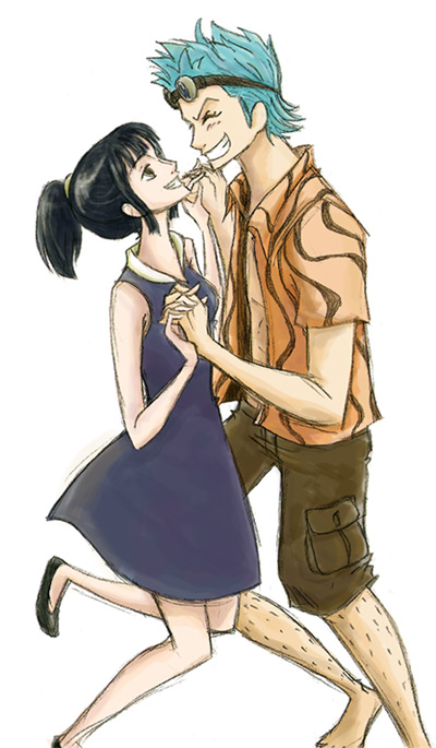 1boy 1girl black_hair blue_hair duo franky nico_robin one_piece young younger