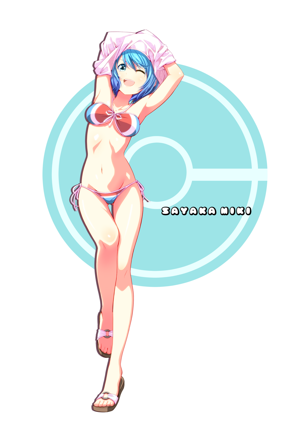;d armpits arms_up bare_legs bare_shoulders bikini blue_eyes blue_hair blush breasts character_name collarbone feet front-tie_top highres legs lifted_by_self looking_at_viewer mahou_shoujo_madoka_magica medium_breasts midriff miki_sayaka navel one_eye_closed open_mouth sandals shirt_lift shirt_over_head short_hair side-tie_bikini smile solo swimsuit thigh_gap toes tsukumo underboob undressing walking
