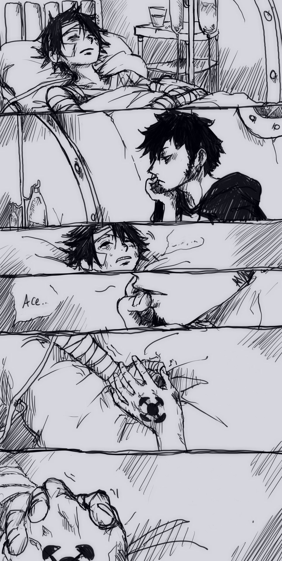 2boys amazon_lily bandage bed comic crying doctor duo highres intravenous_drip male male_focus medical monkey_d_luffy monochrome multiple_boys one_piece sleeping tattoo trafalgar_law