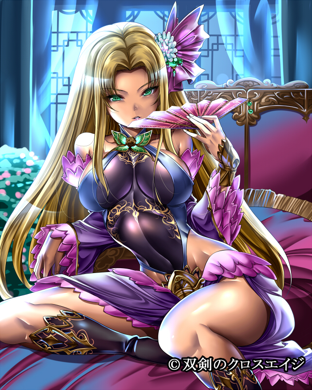 blonde_hair breasts come_hither fan green_eyes hair_ornament jewelry large_breasts long_hair saburou_(hgmg) sitting solo souken_no_cross_age