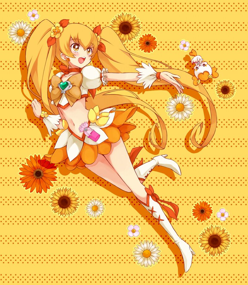 blonde_hair blush boots bow choker cure_sunshine flower hair_ribbon heart heartcatch_precure! knee_boots long_hair magical_girl midriff myoudouin_itsuki navel open_mouth orange_bow orange_choker potpourri_(heartcatch_precure!) precure ribbon sikuhima skirt solo sunflower twintails yellow_background yellow_bow yellow_eyes