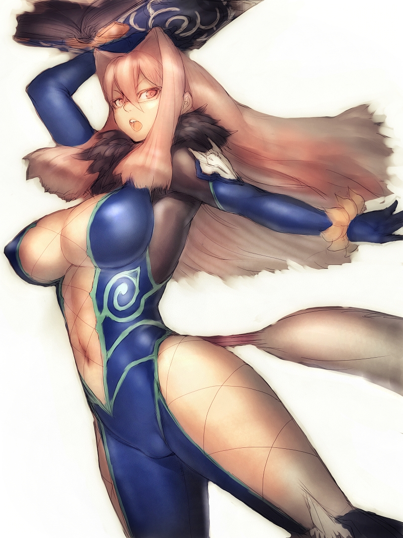 :o angry arm_up armpits bangs bodysuit book breasts center_opening cleavage covered_nipples cowboy_shot elbow_gloves fighting_stance fishnets floating_hair from_side fumio_(rsqkr) fur_trim glasses gloves hair_between_eyes hair_intakes large_breasts legs_apart long_hair looking_at_viewer looking_back navel open_book open_mouth outstretched_arm pink_eyes pink_hair presa_(tales) rectangular_eyewear rimless_eyewear sidelocks simple_background skin_tight solo standing tail tales_of_(series) tales_of_xillia thighs v-shaped_eyebrows white_background