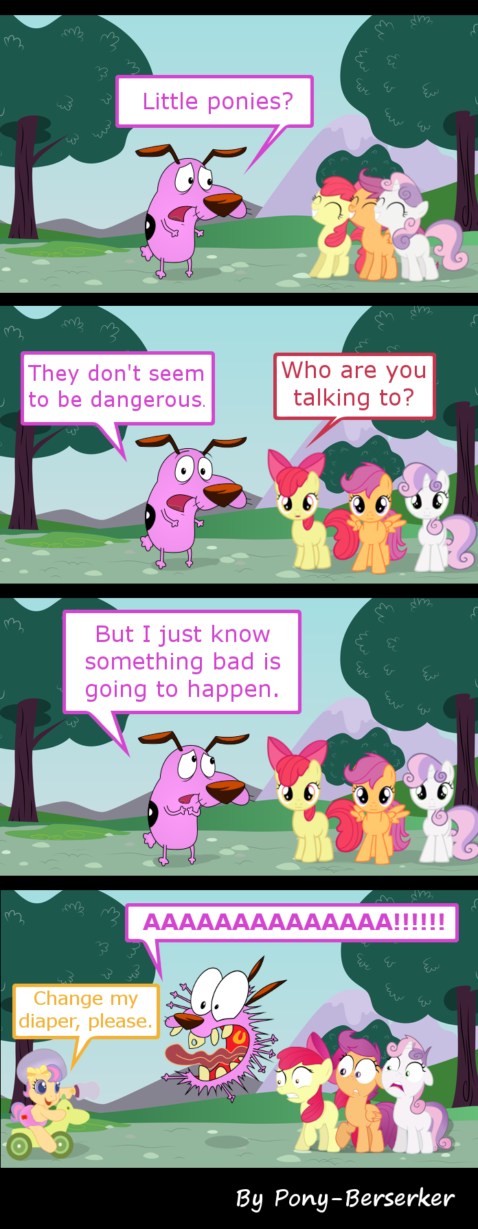apple_bloom_(mlp) canine cloud clouds comic courage courage_the_cowardly_dog cub cutie_mark_crusaders_(mlp) dialog dog english_text equine female feral friendship_is_magic group hair horn horse looking_at_ looking_at_viewer male mammal mountain multi-colored_hair my_little_pony open_mouth pegasus plain_background pony pony-berserker purple purple_eyes purple_hair red_hair road scootaloo_(mlp) sky sweetie_belle_(mlp) text toy tree unicorn viewer wheel wheels wings yellow_eyes young