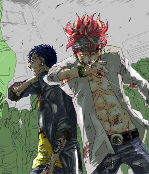 2boys abs back-to-back blood blue_hair denim duo earrings eustass_captain_kid fighting headband jeans jewelry male male_focus multiple_boys one_piece open_clothes open_shirt pants red_hair shirt supernova tattoo trafalgar_law