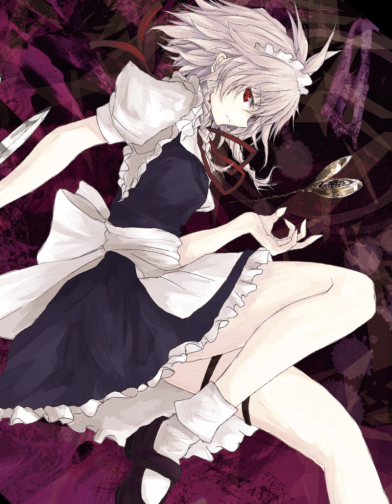 apron asagi_(kabocha_oukoku) bad_id bad_pixiv_id blue_skirt braid izayoi_sakuya looking_at_viewer maid maid_headdress pocket_watch puffy_sleeves red_eyes short_sleeves silver_hair sketch skirt solo touhou twin_braids waist_apron watch