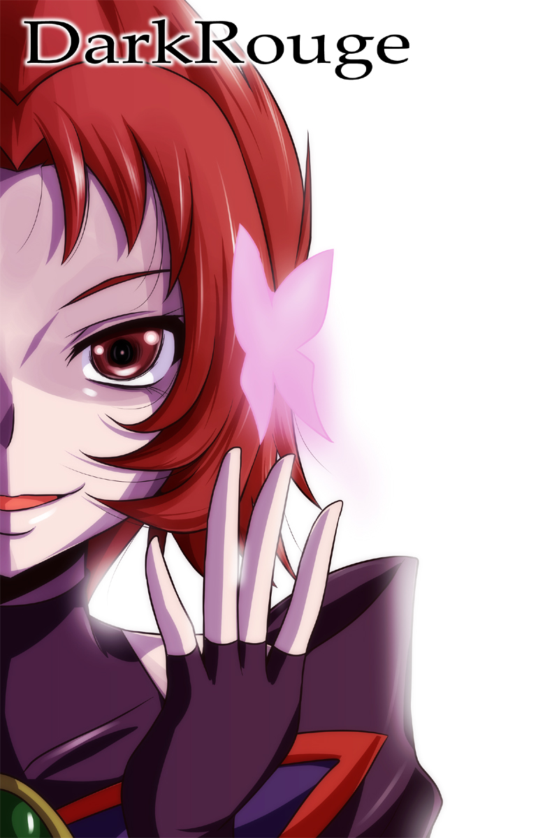 bloom bug butterfly character_name dark_cure_(yes!_precure_5) dark_rouge fingerless_gloves gloves highres insect magical_girl nishi_koutarou open_mouth out_of_frame portrait precure red_eyes red_hair short_hair simple_background smile solo white_background yes!_precure_5
