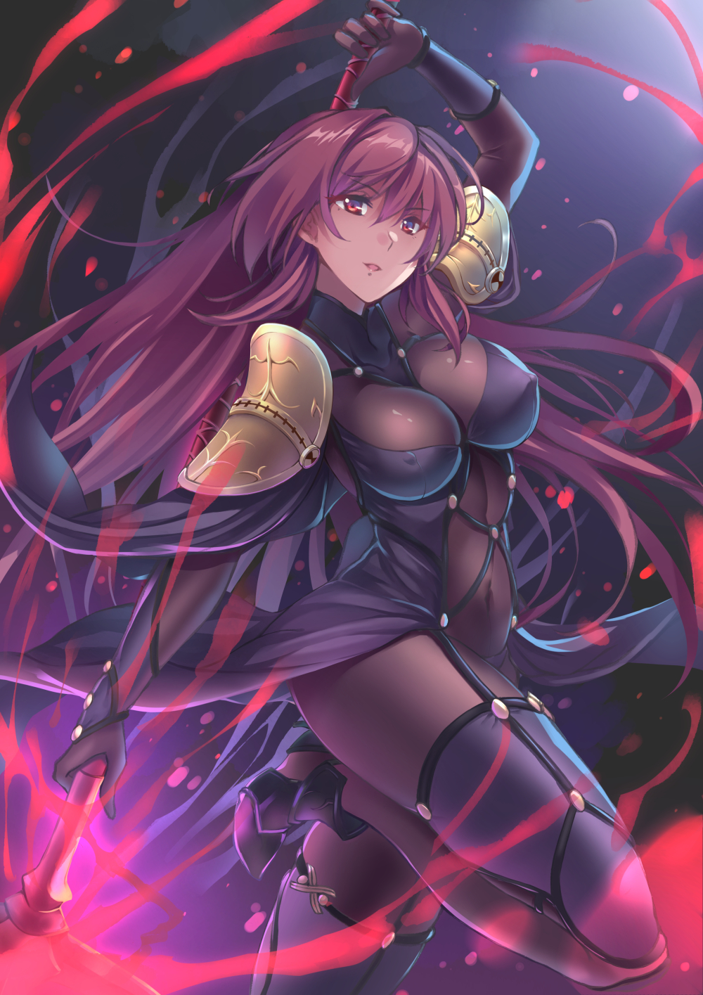 a-na bodysuit breasts covered_navel covered_nipples dark_background fate/grand_order fate_(series) gae_bolg hair_intakes highres holding holding_weapon large_breasts leg_up leotard long_hair looking_at_viewer pauldrons polearm purple_bodysuit purple_hair purple_leotard red_eyes scathach_(fate)_(all) scathach_(fate/grand_order) shoulder_armor spear weapon