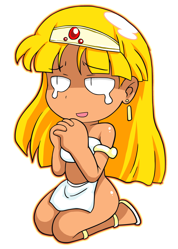 bangs bare_shoulders blonde_hair blunt_bangs chibi claire_(hihouden) dark_skin earrings full_body gem hairband hands_clasped hihouden interlocked_fingers jewelry long_hair noise open_mouth outline own_hands_together sandals seiza simple_background sitting slit_pupils solo tears tiara white_background