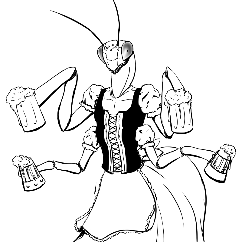 alcohol anthro apron arthropod barmaid beer beverage bodice dungeons_&amp;_dragons female flat_chested insect insectoid mandibles mantis multi_limb multiple_arms queblock solo thri-kreen unknown_artist