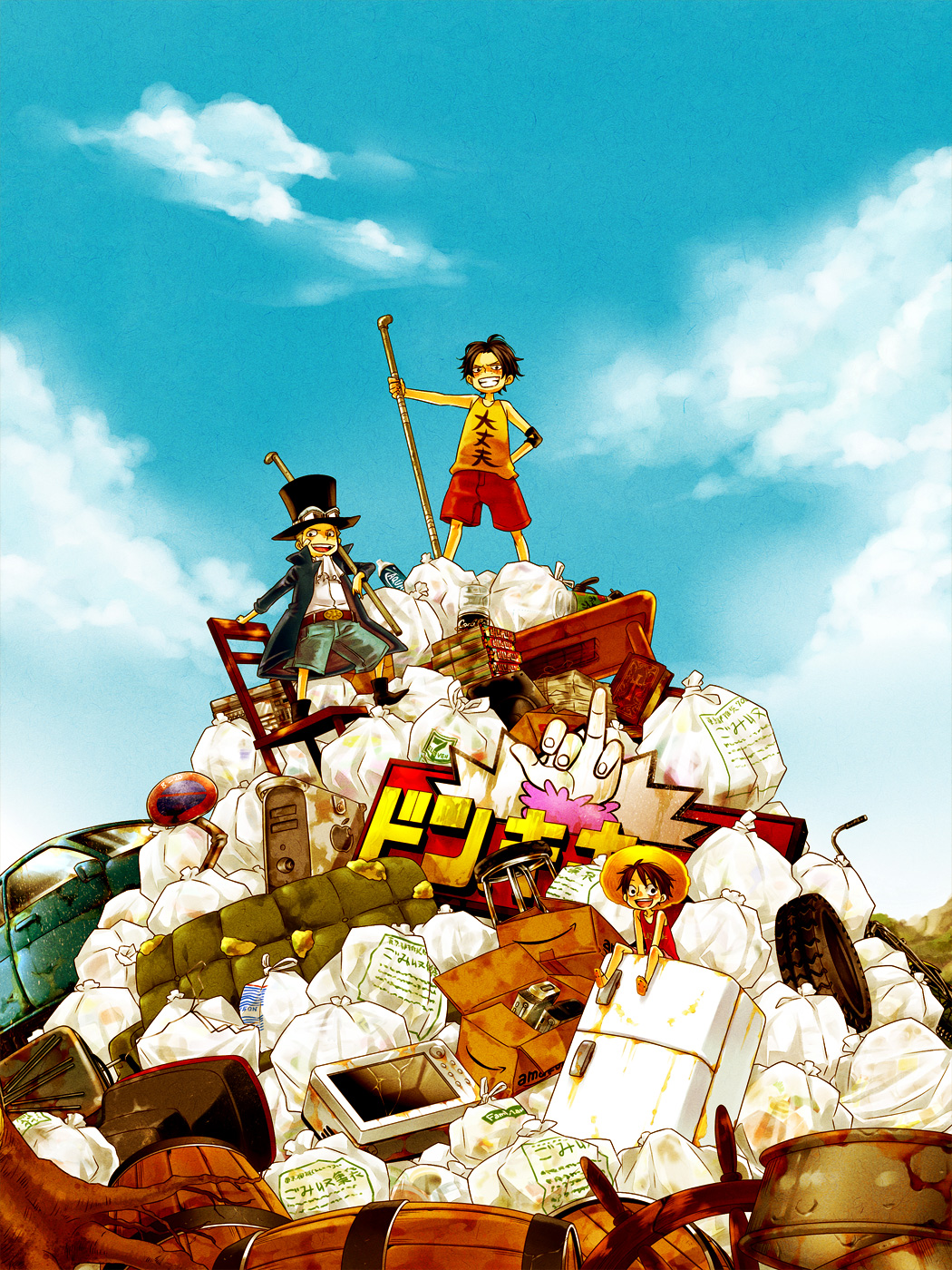 3boys barrel black_hair brothers child east_blue highres male male_focus monkey_d_luffy multiple_boys one_piece outdoors pile portgas_d_ace refrigerator sabo_(one_piece) siblings trash trash_bag trio young younger