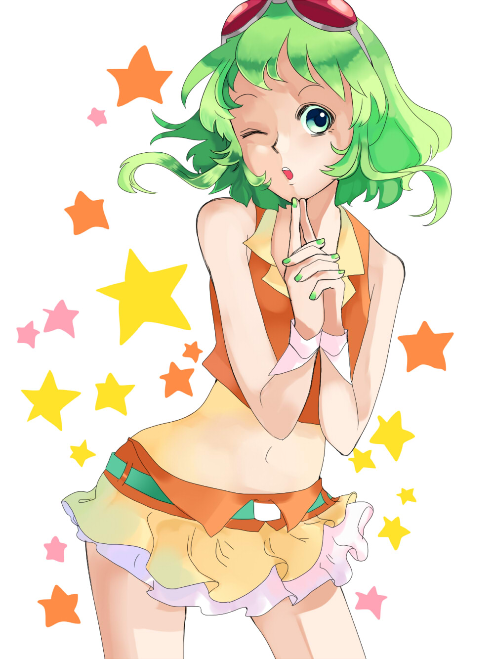 belt finger_gun goggles green_eyes green_hair gumi hands_clasped highres midriff nail_polish navel one_eye_closed open_mouth own_hands_together short_hair skirt sleeveless solo star vocaloid wrist_cuffs