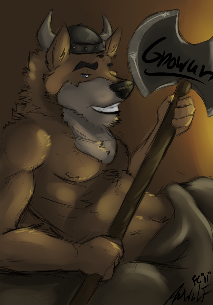 axe biceps brown_fur canine fur helmet looking_at_viewer male mammal muscles nipples nude pecs sheet solo toned topless weapon wolf