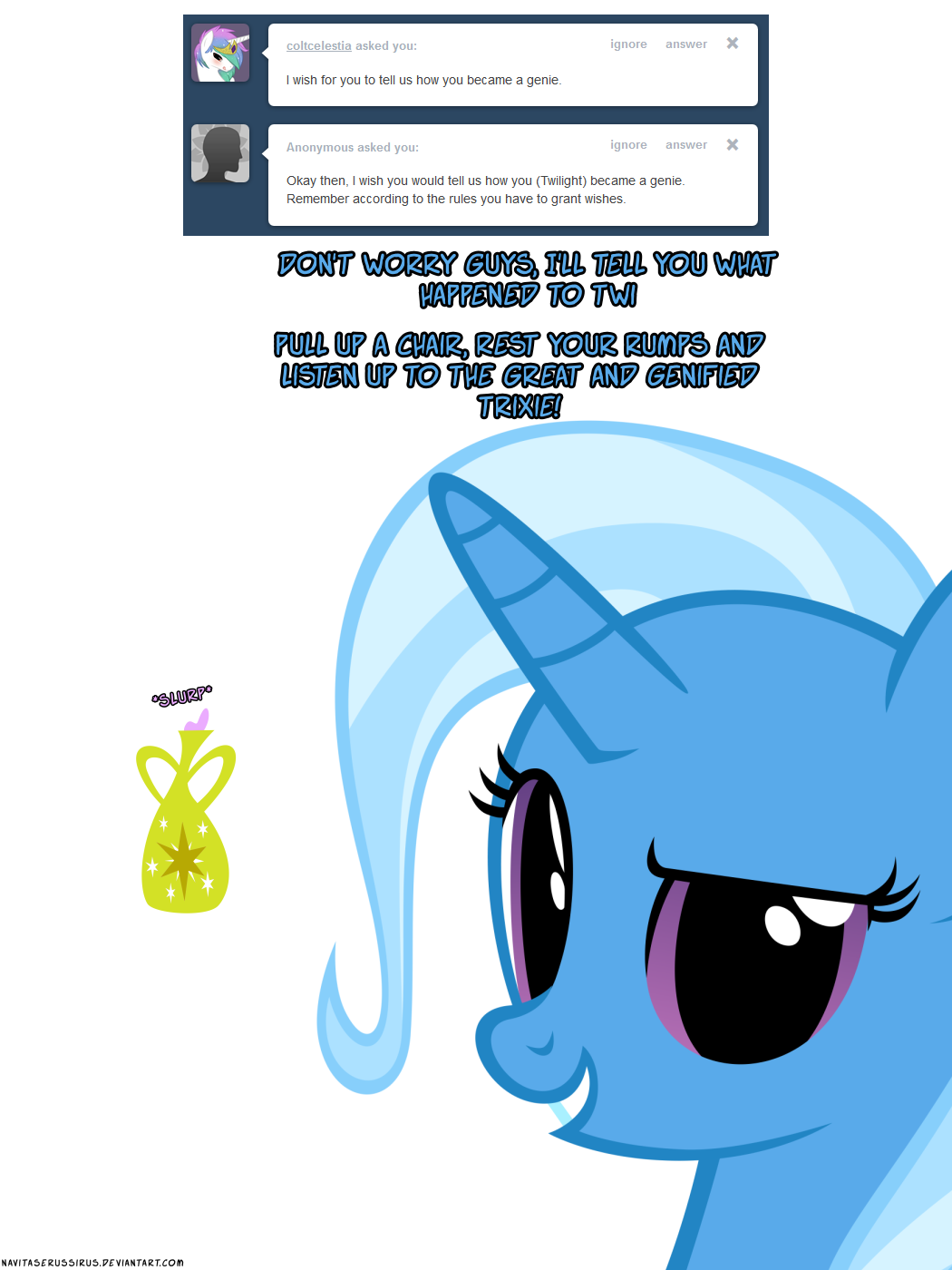 bottle english_text equine female friendship_is_magic genie hair hiding horn looking_at_viewer mammal my_little_pony navitaserussirus purple_eyes solo text trixie_(mlp) tumblr twilight_sparkle_(mlp) two_tone_hair unicorn