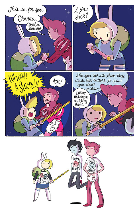 blonde_hair clothing comic english_text female fionna_the_human hair human humor male mammal marshal_lee_the_vampire_king night not_furry outside pink_hair stars sword text weapon what