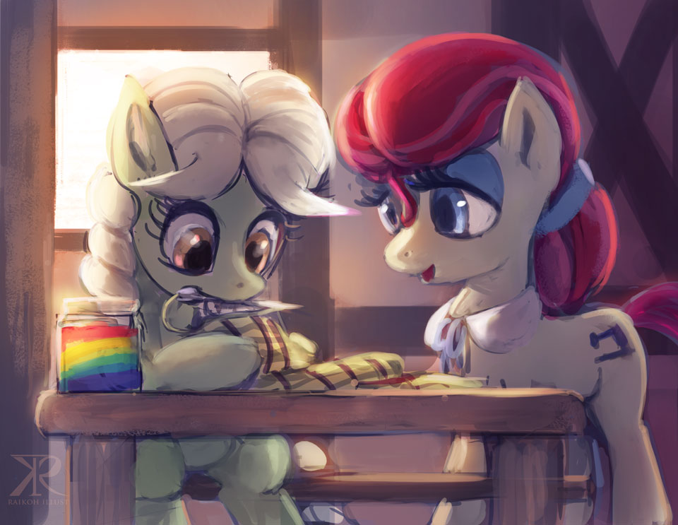 braid braided_hair chair cutie_mark equine female feral friendship_is_magic granny_smith_(mlp) hair horse jar mammal mother_and_daughter my_little_pony pony raikoh-illust red_hair sewing sitting sowing table white_hair zap_apple_jam