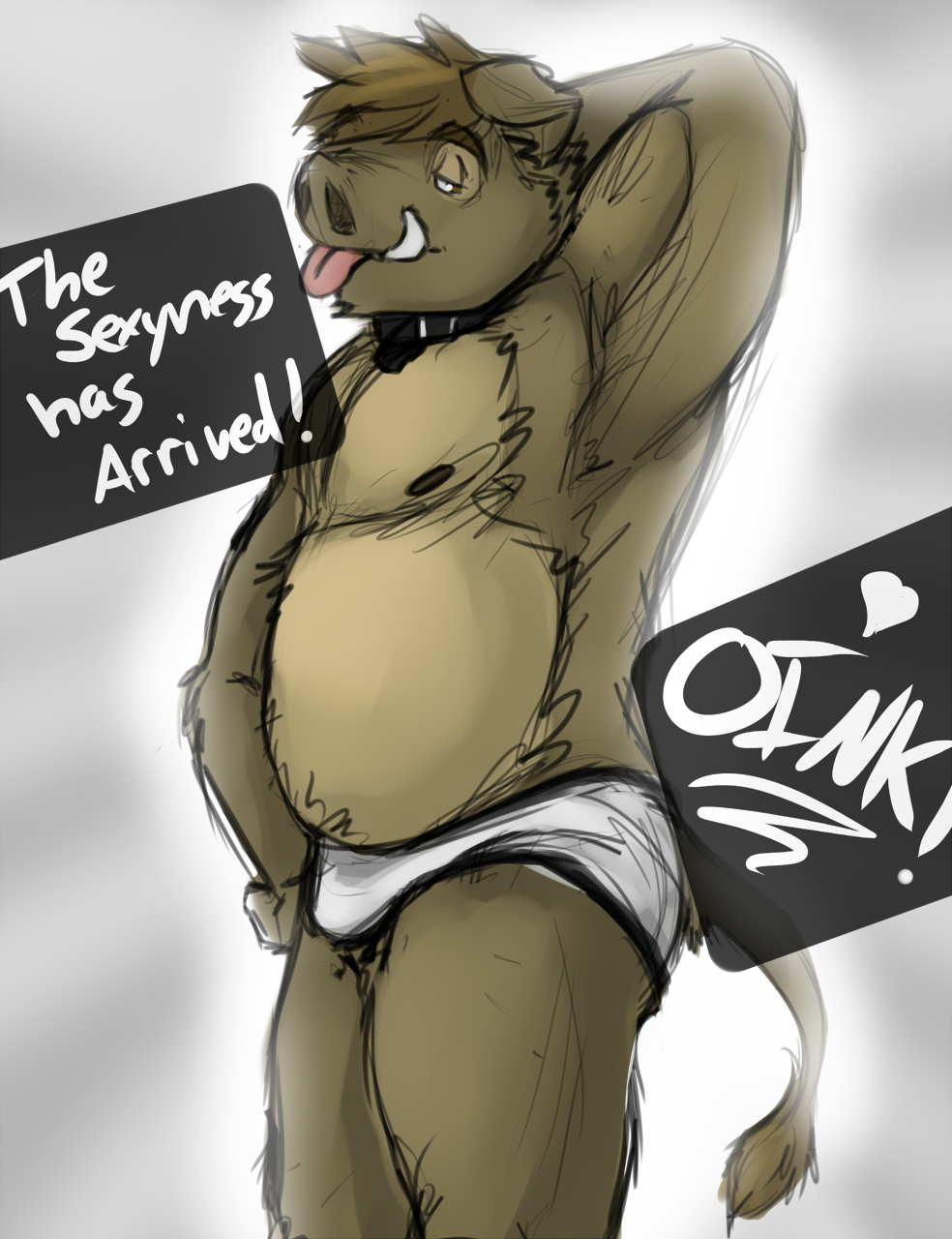 amwulf boar briefs bulge collar looking_at_viewer male mammal overweight porcine solo tongue tongue_out topless underwear