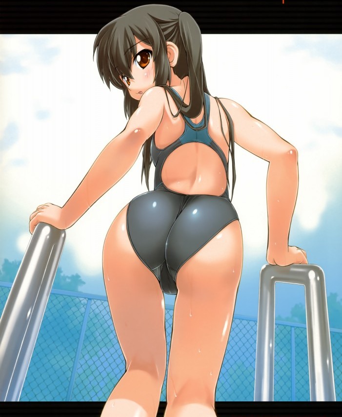 1girl artist_request ass black_hair brown_eyes from_behind long_hair looking_back one-piece_swimsuit pool solo swimsuit twintails water