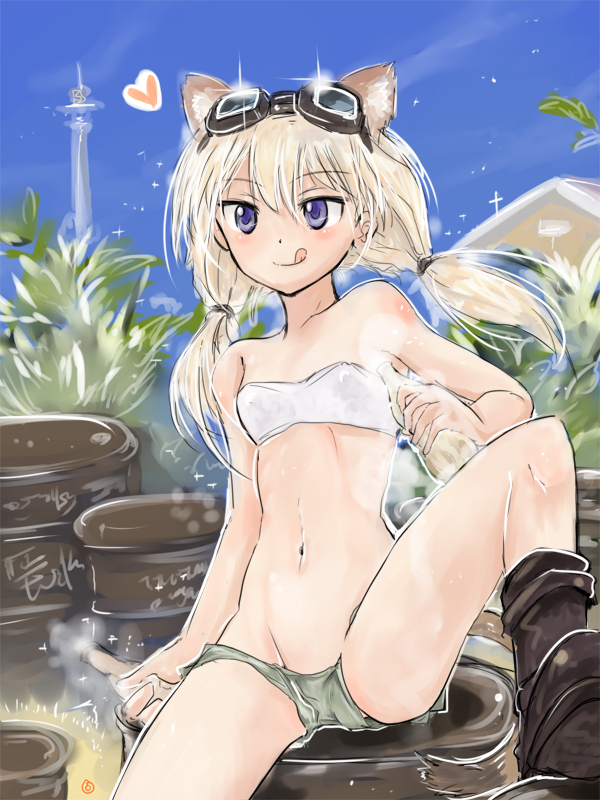 :q animal_ears blonde_hair blue_eyes boots bottle carla_j_luksic collarbone drum_(container) goggles grey_shorts heart md5_mismatch mishiro_shinza navel noble_witches short_shorts shorts solo spread_legs strapless tail tongue tongue_out tubetop twintails white_tubetop world_witches_series