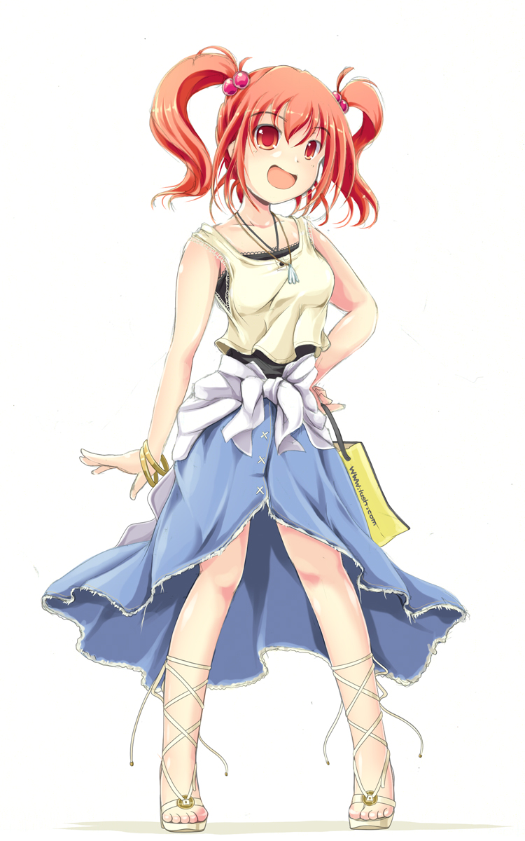 alternate_costume bag bare_arms bracelet chemise clothes_around_waist hair_bobbles hair_ornament hand_on_hip highres ichirino_minagi jewelry necklace onozuka_komachi open_mouth red_eyes red_hair shirt shirt_around_waist simple_background skirt smile solo standing tank_top touhou two_side_up white_background