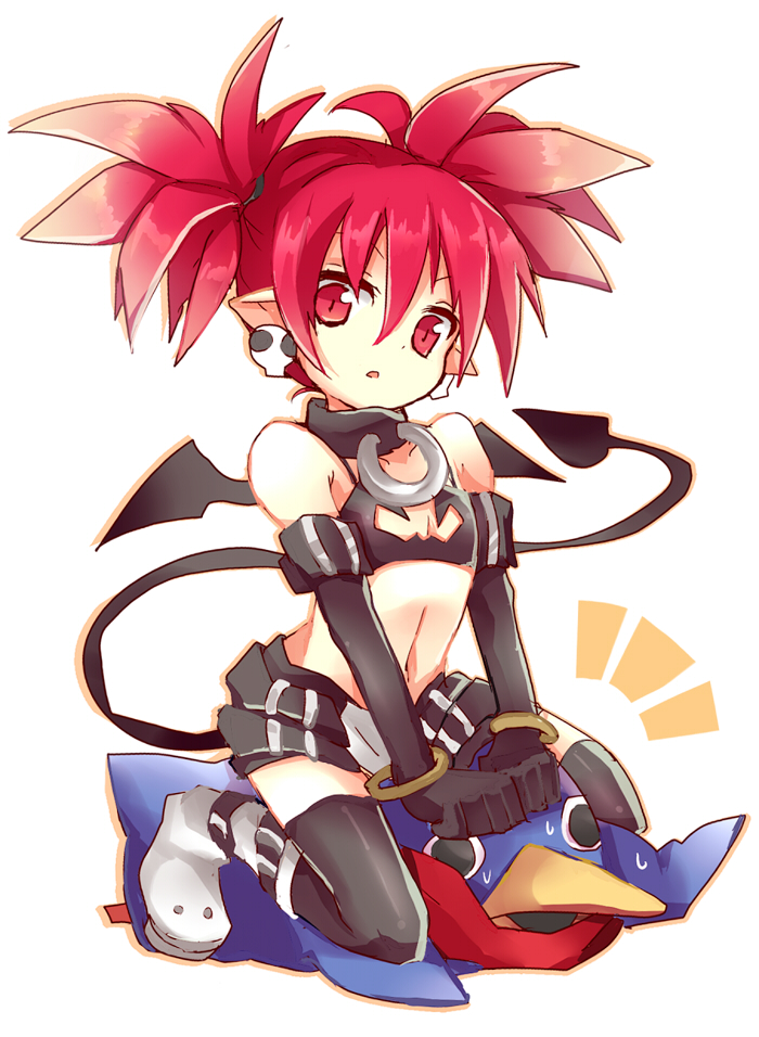 bad_id bad_pixiv_id bat_wings choker demon_tail disgaea earrings elbow_gloves etna flat_chest girl_on_top gloves jewelry nikuma pointy_ears prinny red_eyes red_hair short_hair shorts tail thighhighs wings
