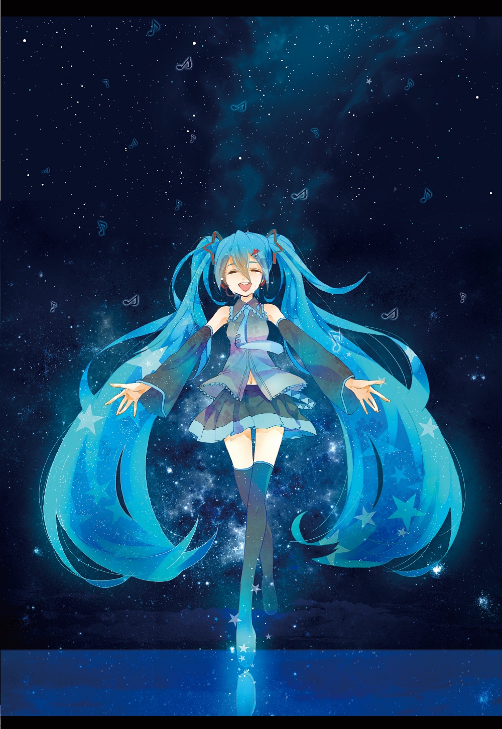 aqua_hair boots closed_eyes detached_sleeves hatsune_miku headset highres letterboxed long_hair mathuri musical_note navel necktie night open_mouth skirt sky solo star star_(sky) starry_sky thigh_boots thigh_gap thighhighs twintails very_long_hair vocaloid